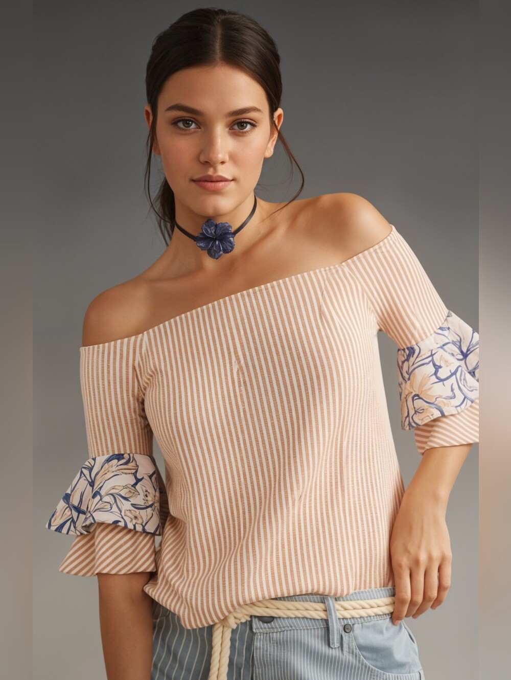 Alberto Makali Tan Stripe Off The Shoulder Bell Sleeve Top